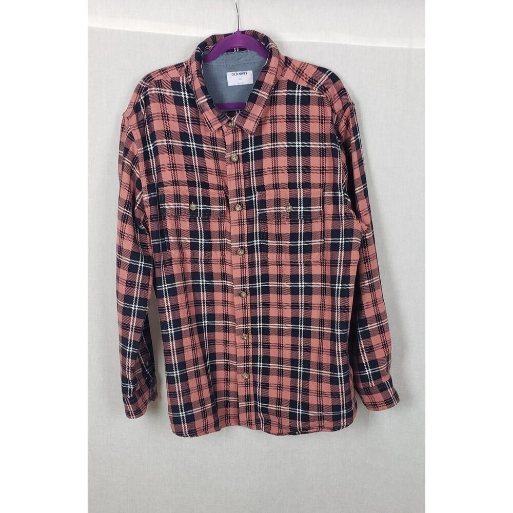 Old Navy Shacket Top 2XL Pink Navy Plaid Flannel 100% Cotton Outdoor Casual